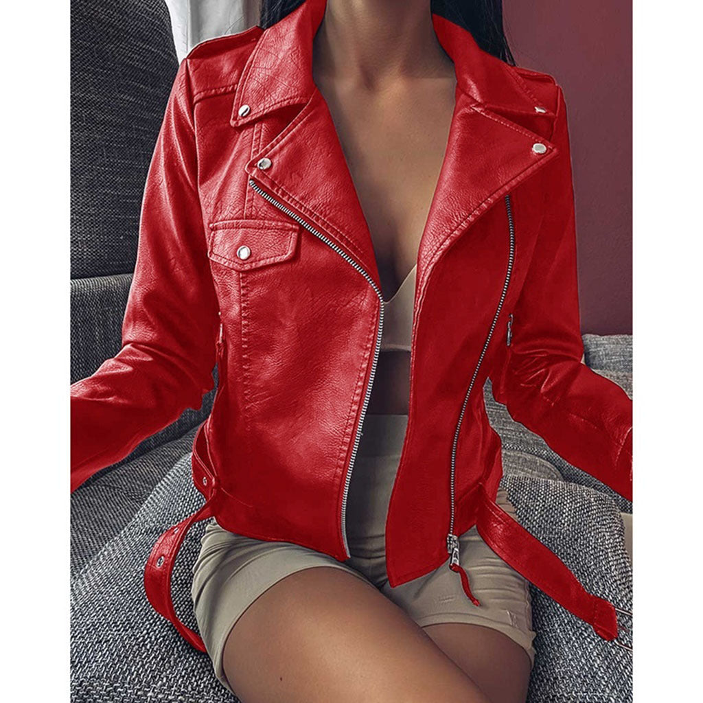 Women's PU Leather Motorcycle Jacket in 4 Colors S-5XL