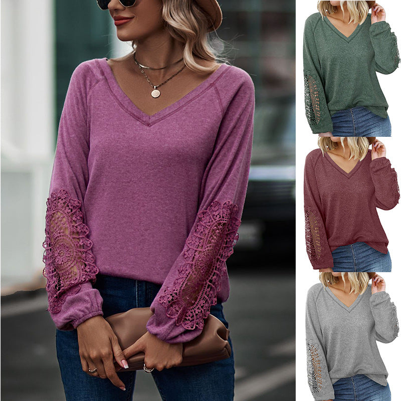 Women’s V-Neck Long Sleeve Top with Lace Detail in 5 Colors Sizes 4-20 - Wazzi's Wear