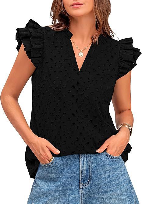 Women's Eyelet Top Fashion Casual V-neck Pleated Cover Sleeve Lace Embroidered Shirt