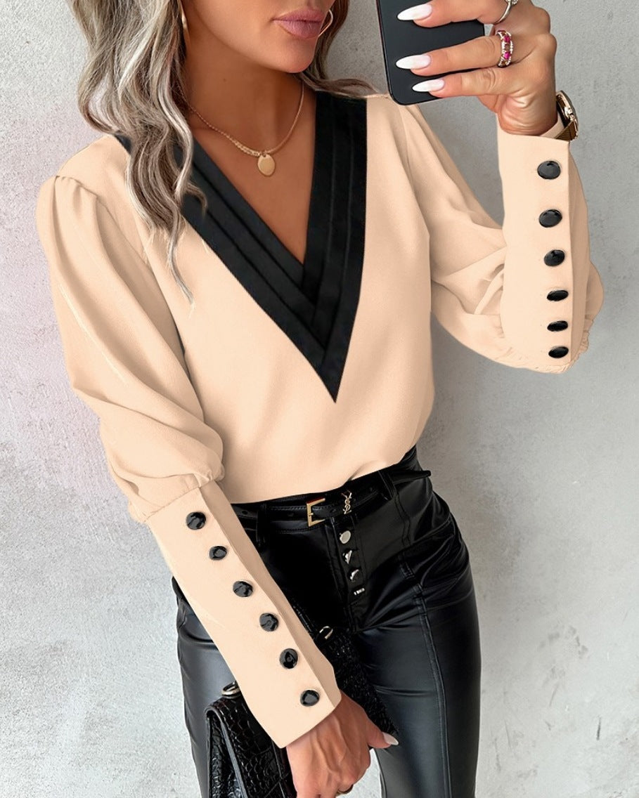 Women’s V-Neck Long Sleeve Blouse With Decorative Buttons