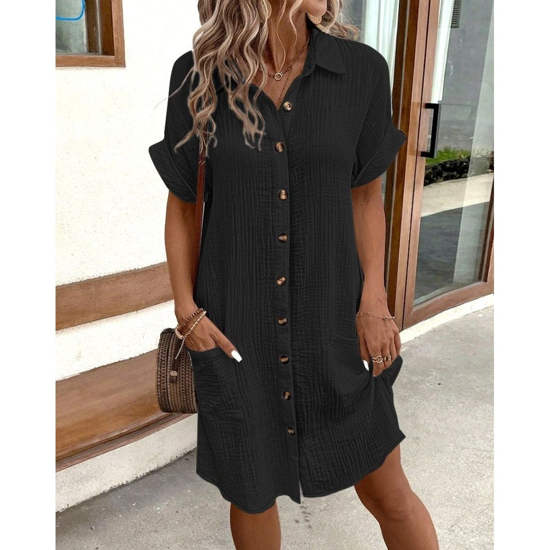 Solid Color Linen Cotton Button Down Loose Shirt Dress