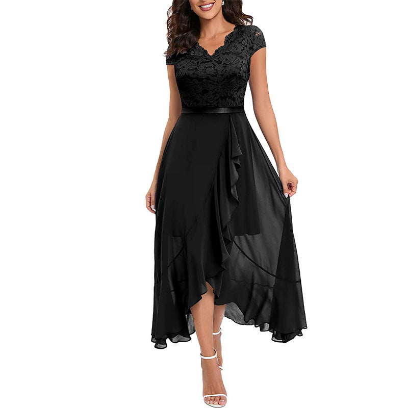 Women’s V-Neck Short Sleeve Formal Dress with Lace Bodice