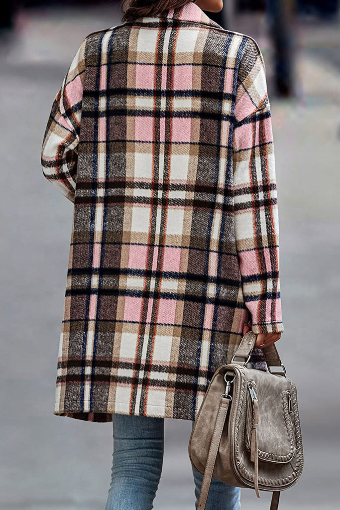 Women’s Long Sleeve Plaid Woolen Coat with Pockets in 5 Colors S-2XL - Wazzi's Wear