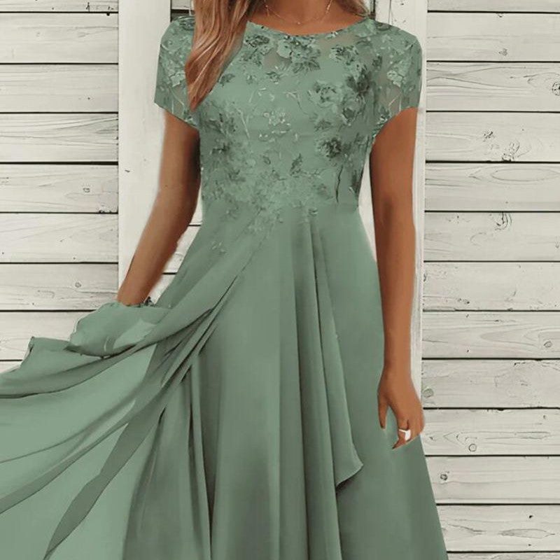 Women's Lace Bodice Short Sleeve Formal Dress with Chiffon Skirt