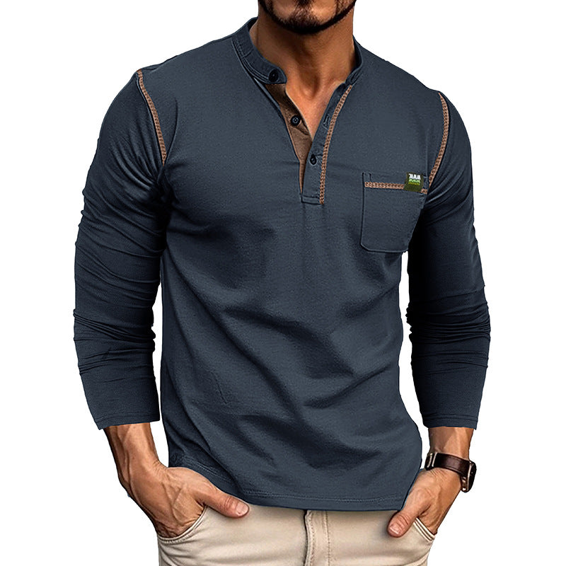 Men's Long Sleeve Shirt with Button Collar and Chest Pocket