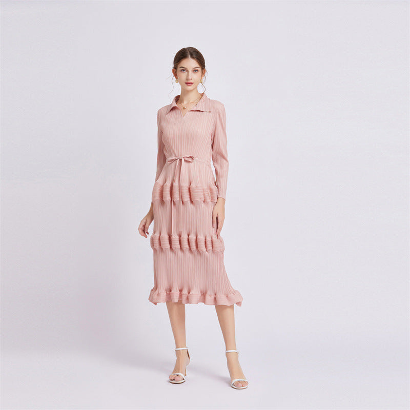 Fashion Dress Mid Waist Pleated Slim Fit Lantern Dress