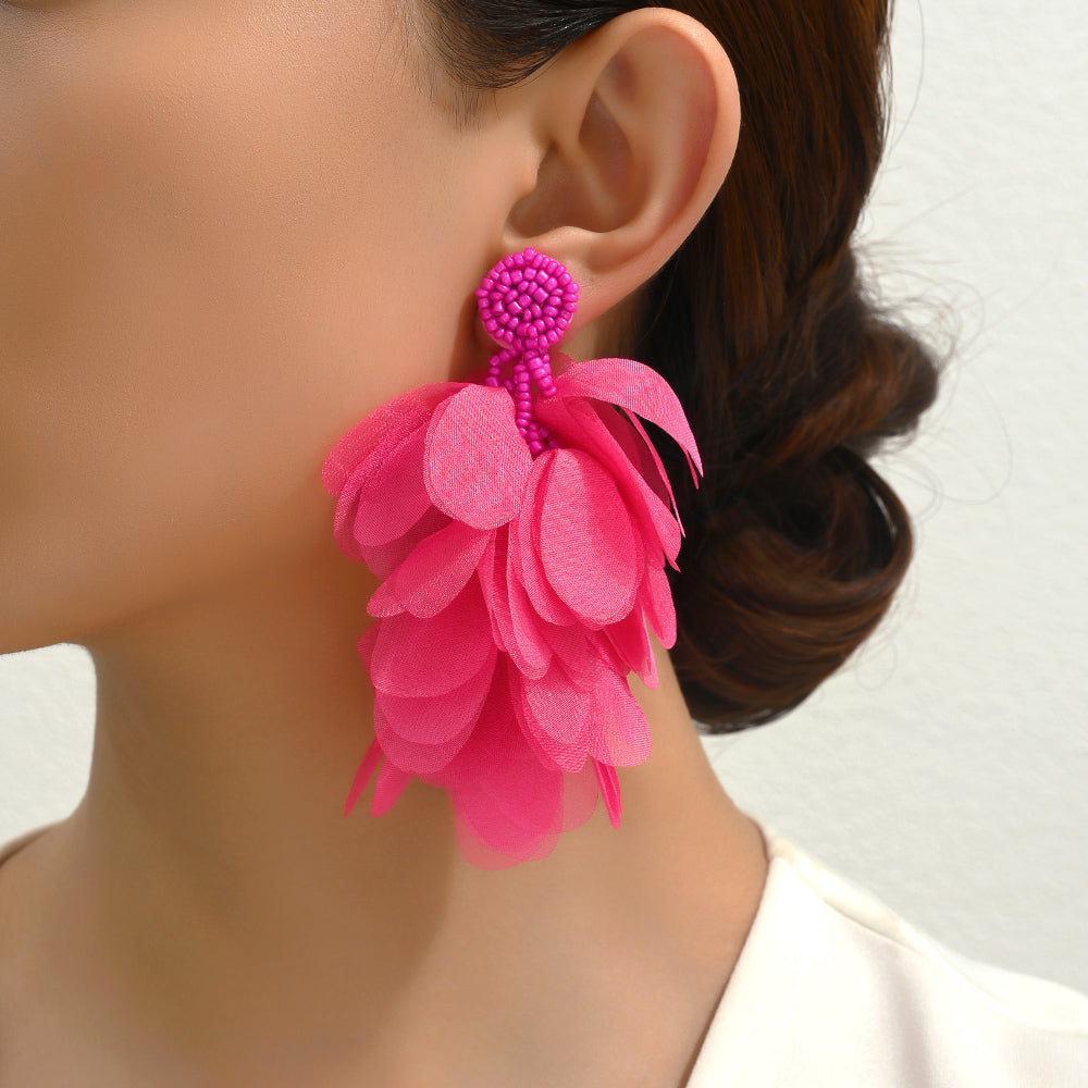 Lightweight Fluffy Chiffon Flower Multi-Layer Tassel Earrings For Women Handmade Bohemian Jewelry For Beach Vacation Summer Party