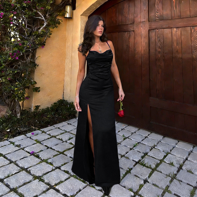 Fully Managed Suspender Backless Strappy Slit Light Formal Dress Satin Gown