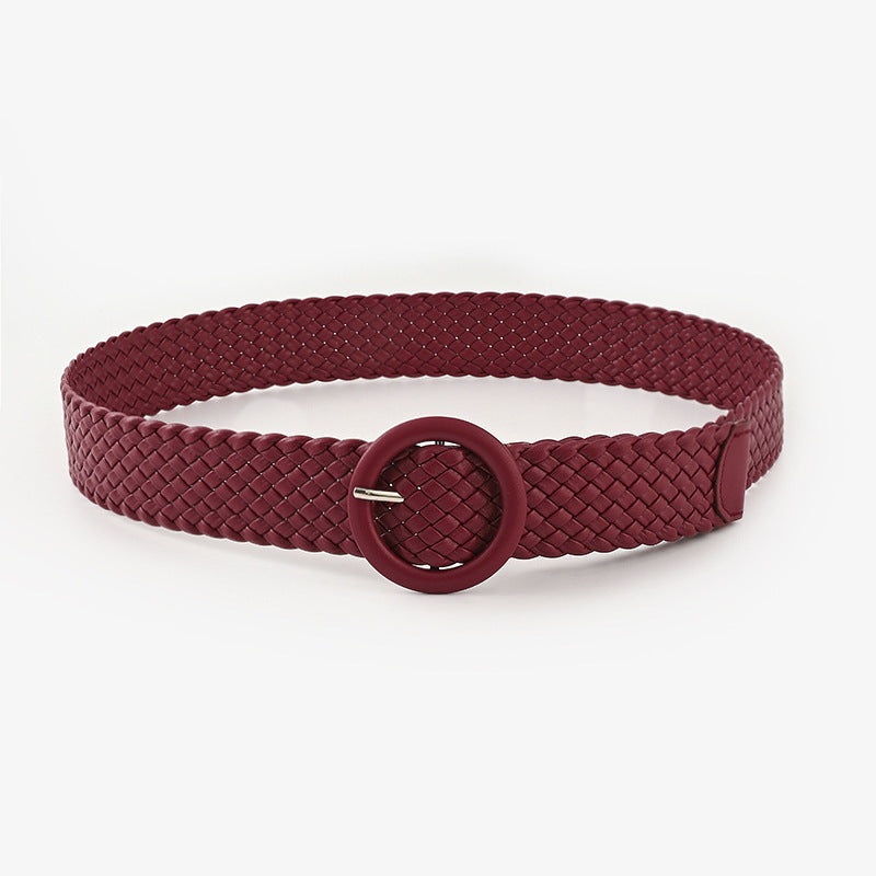 Woven Solid Colour Women’s Belt with Round Buckle