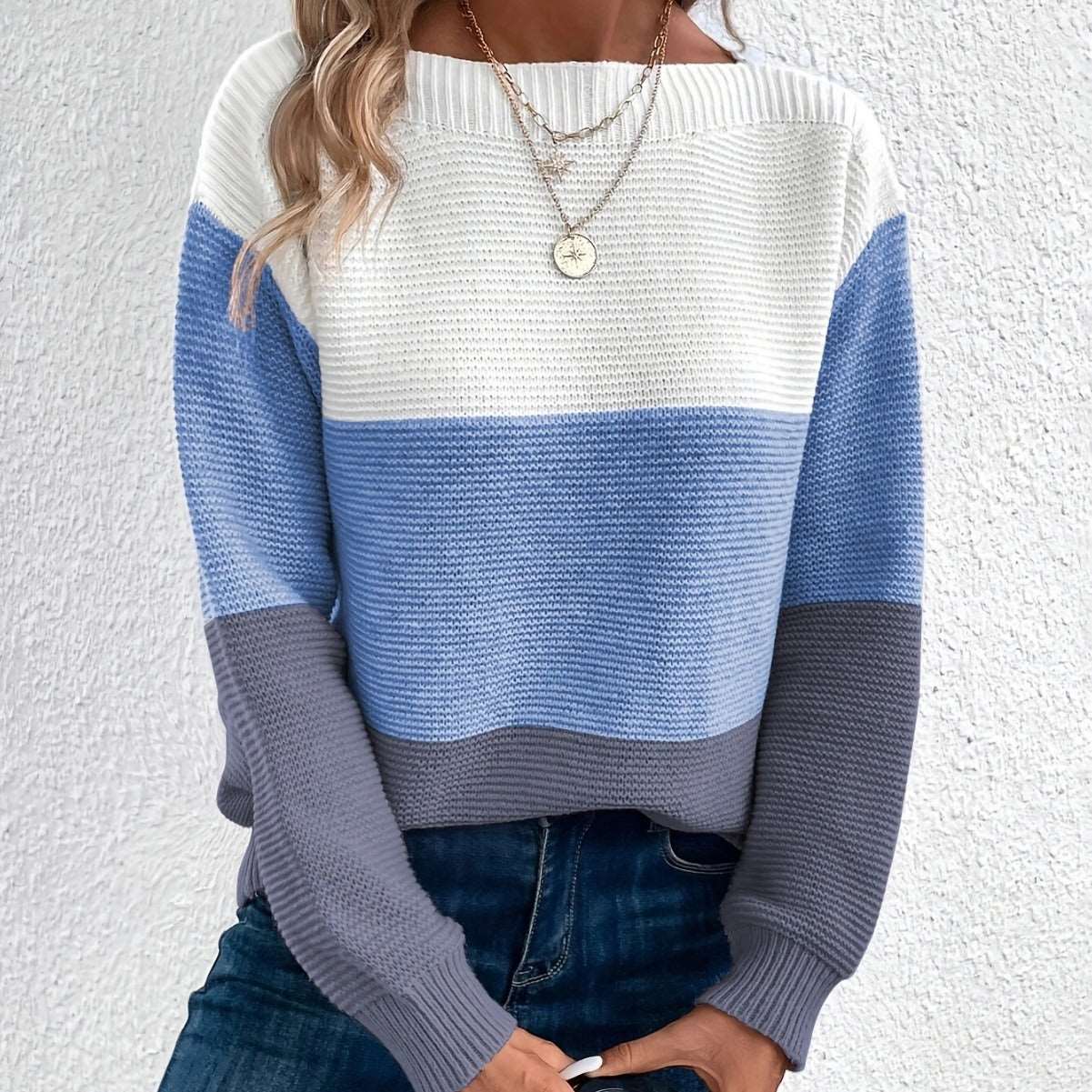 Women's Round Neck Long Sleeve Colorblock Sweater in 8 Colors S-XL