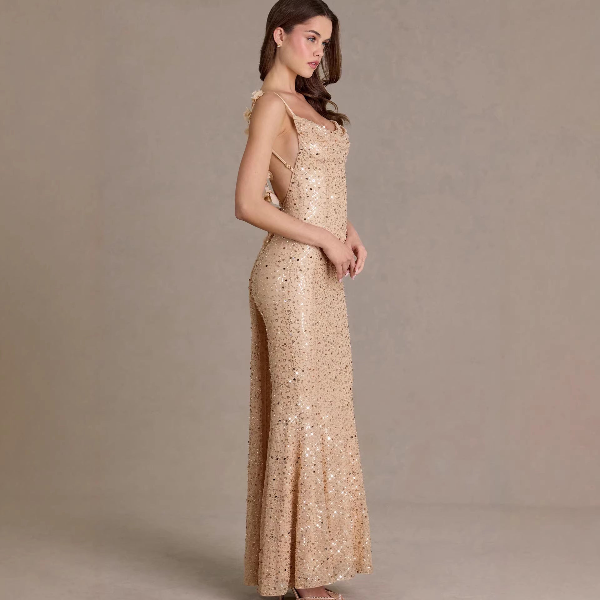 Sequin-beaded Tube Strap Backless Slim-fit Mermaid Maxi Dress