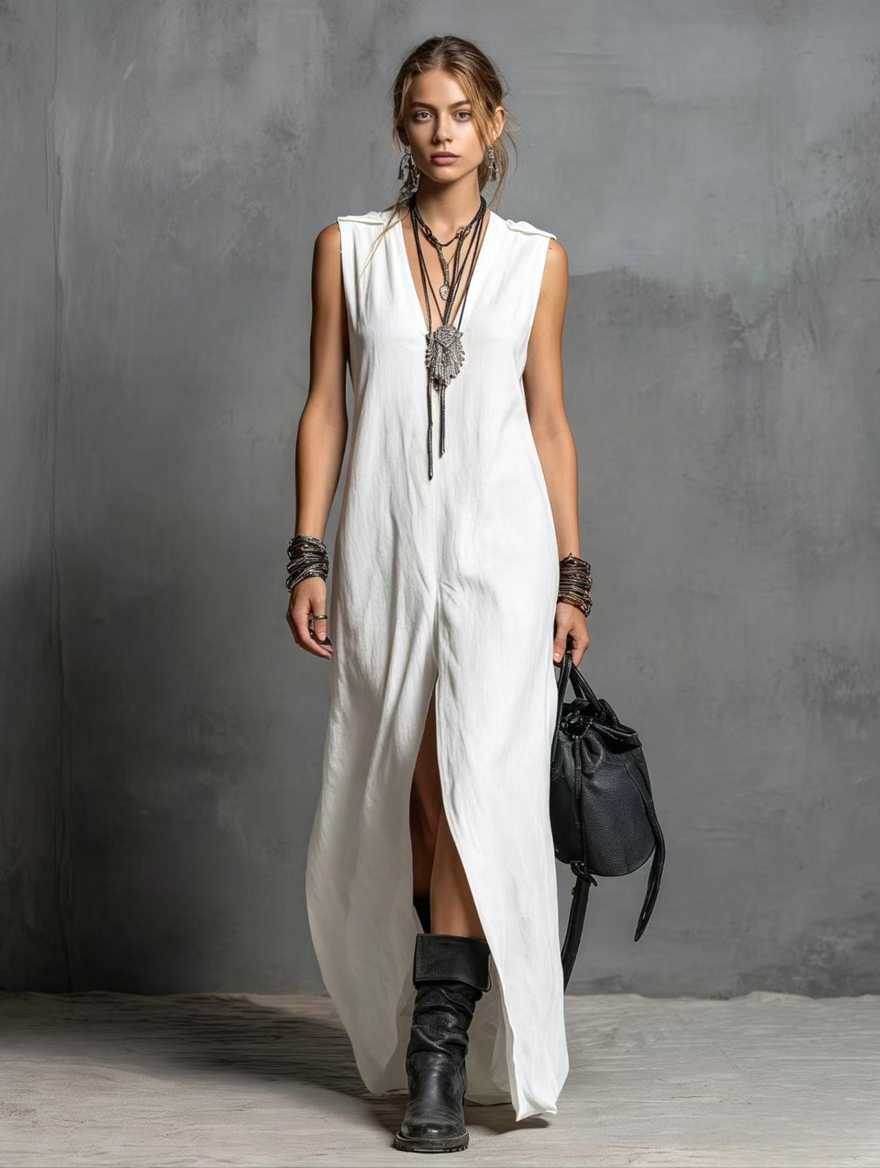 Womens Split Long Sleeveless V-Neck Dress