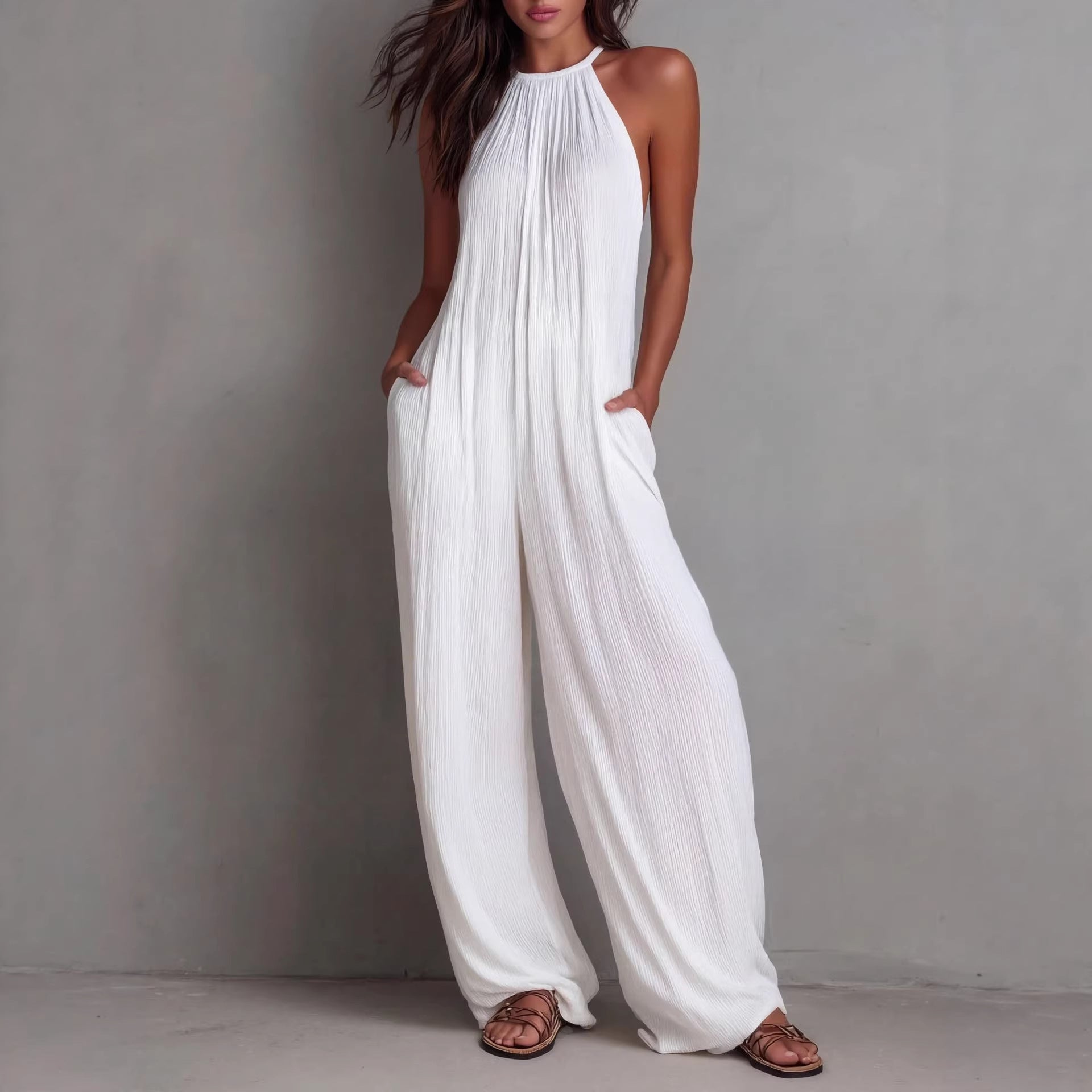 Resort-style White Pleated Open-back Wide-leg Jumpsuit