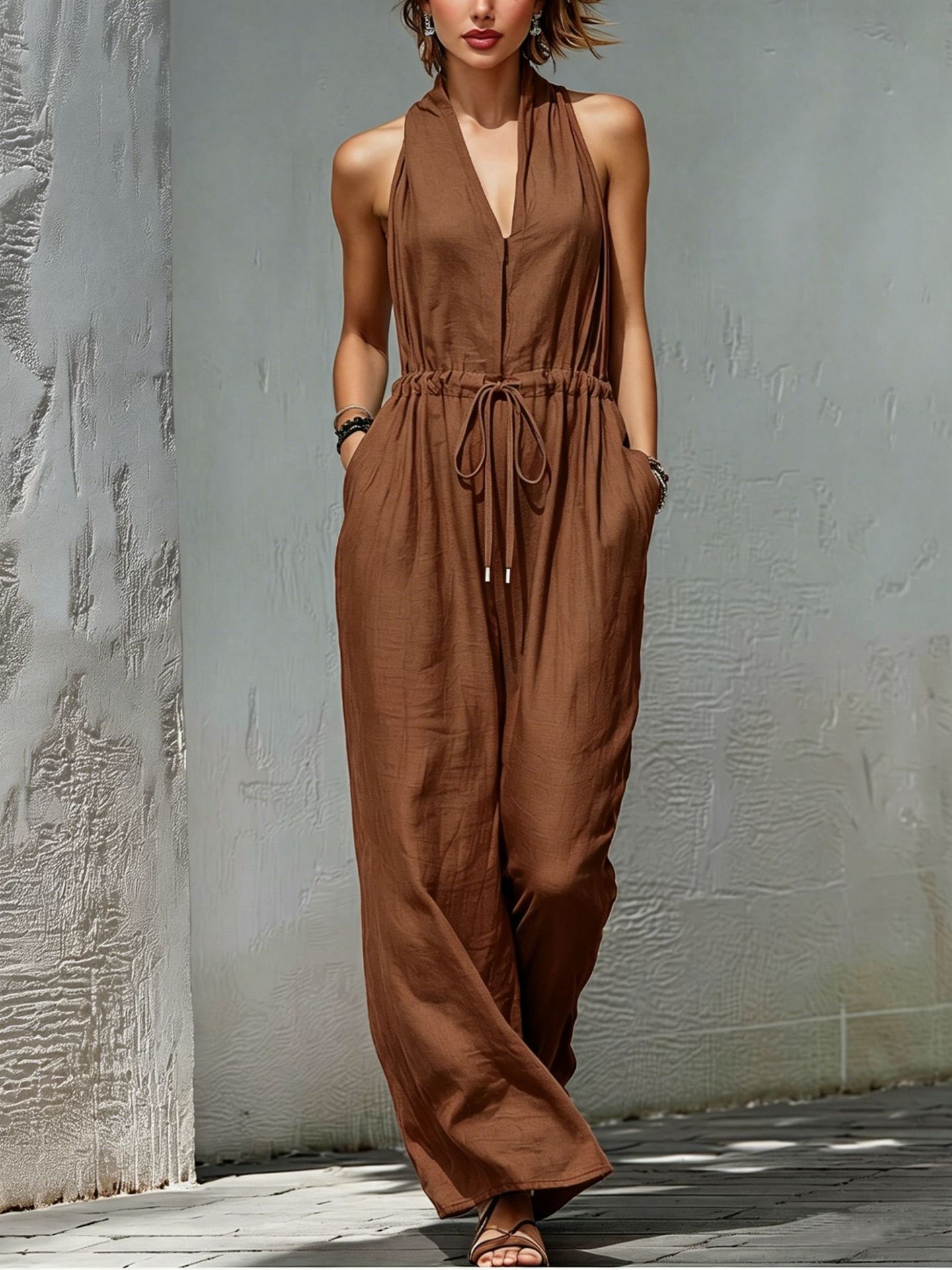 Womens Sleeveless Solid-Color Long Holiday Jumpsuit