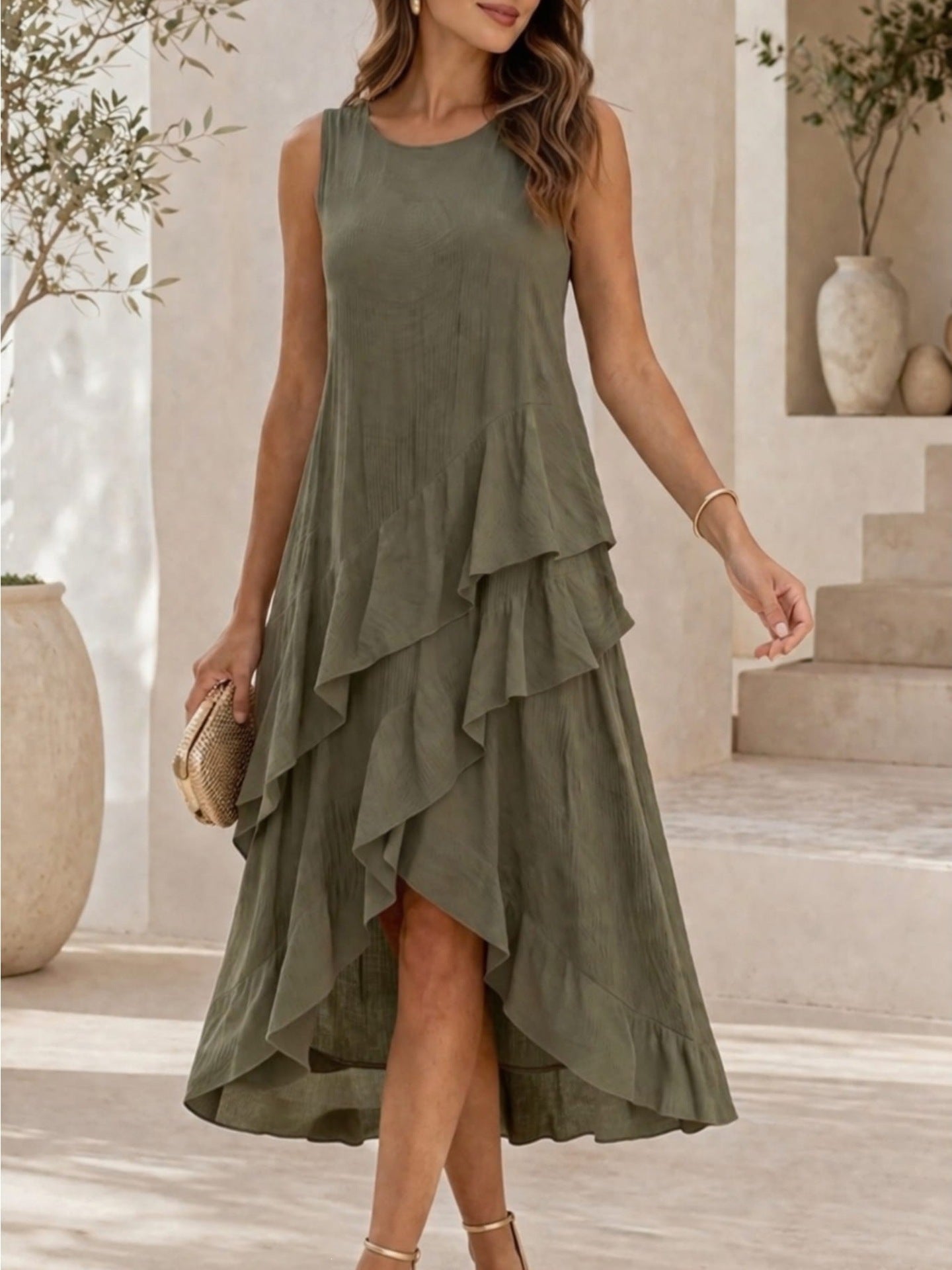 Elegant Casual Asymmetrical Ruffle-Trimmed Resort-Style Dress