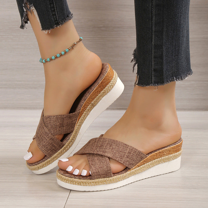 Sandalias de Mujer con Tiras Cruzadas y Tacón Cuña en 3 Colores