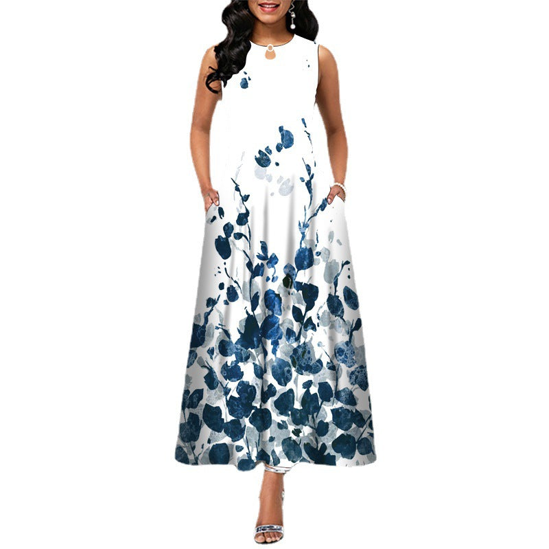 Women’s Sleeveless Maxi Dress with Round Neck and Pockets in 6 Patterns S-5XL - Wazzi's Wear
