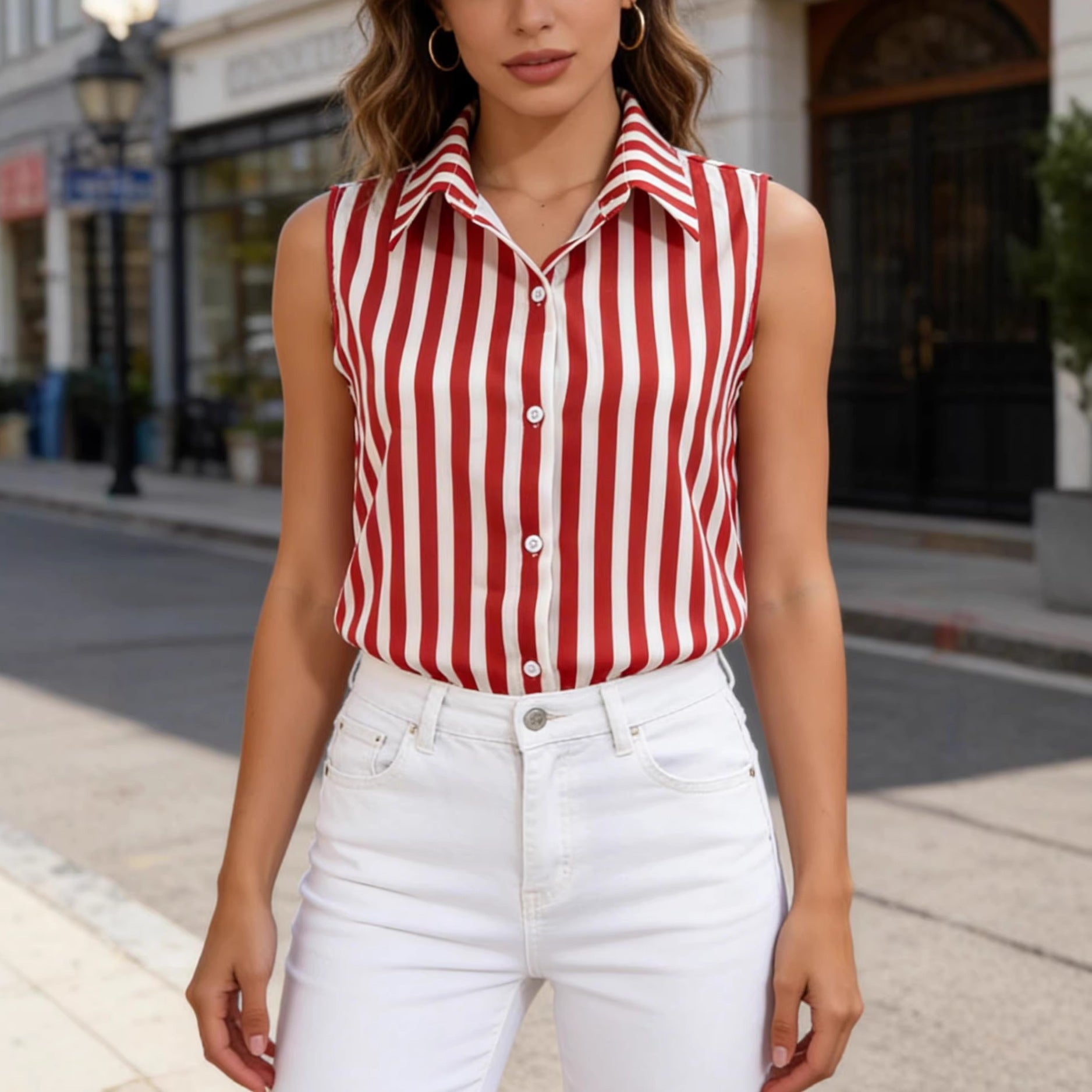 Retro Striped Vest Polo-neck Sleeveless Top