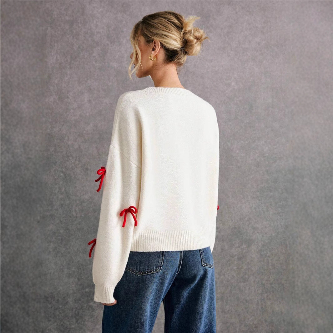 Red Bow Decoration Loose Crew Neck Pullover Sweater Women