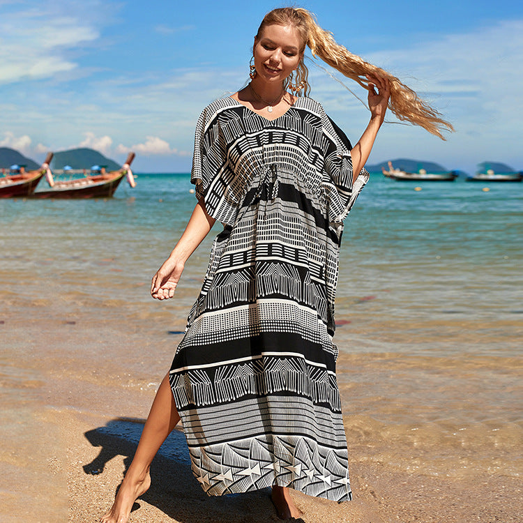 Woman Cotton Black And White Line Seaside Vacation Coat Blouse Sunscreen