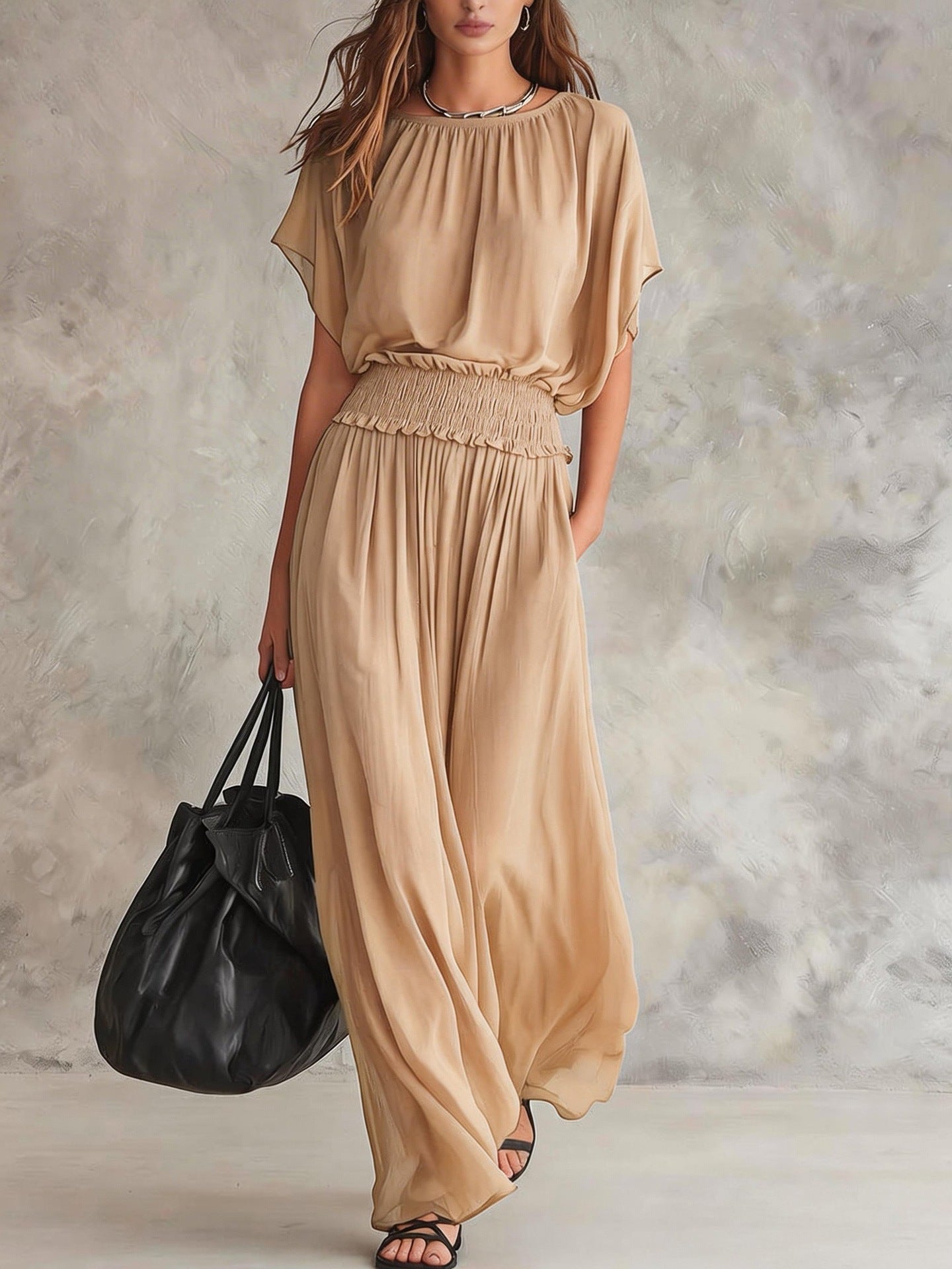Womens Chiffon Waist-Cinching Ruched Elegant And Sophisticated Long Dress