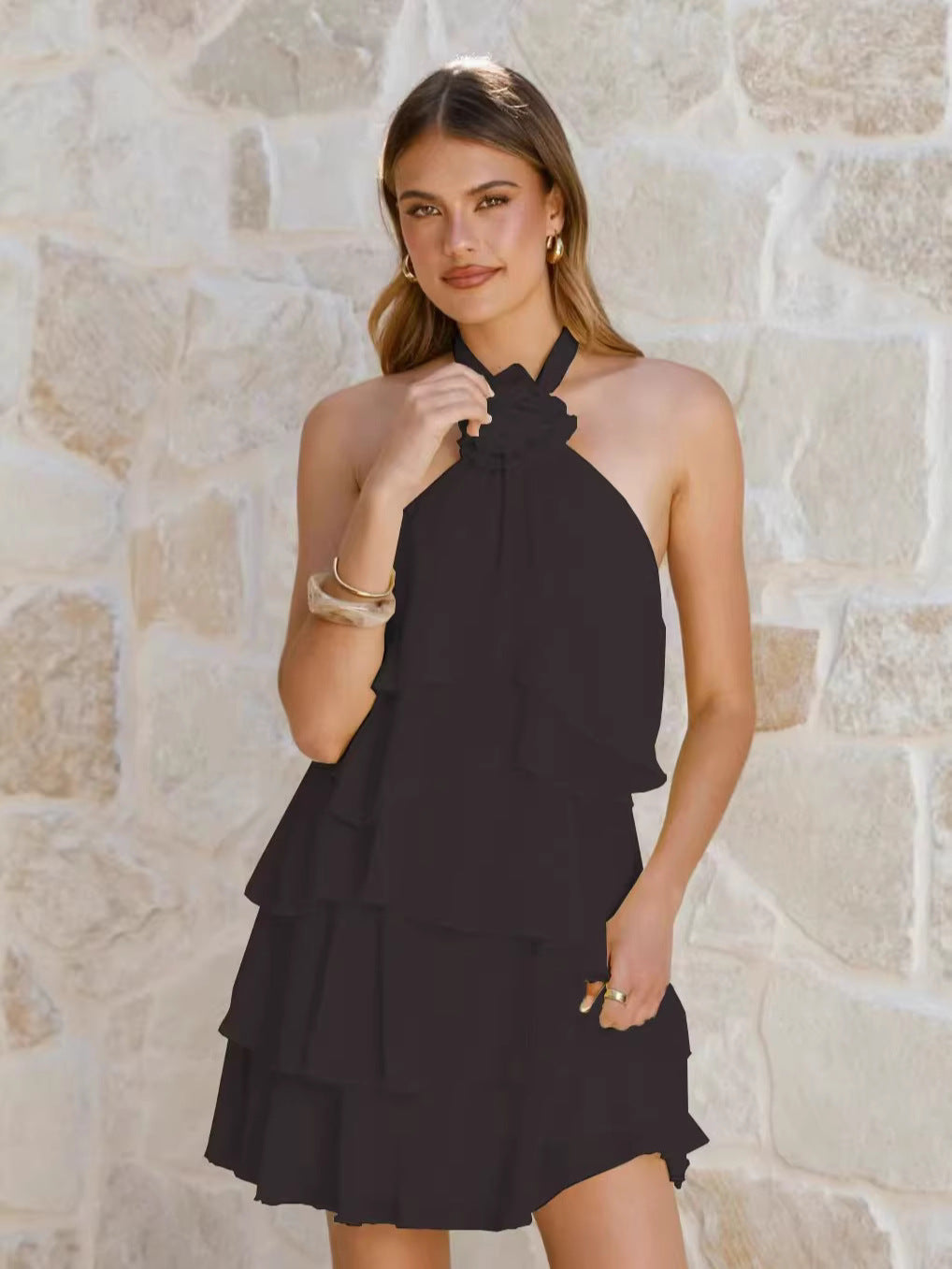 Neck-hanging 3D Floral-decorated Layered Ruffle Dress