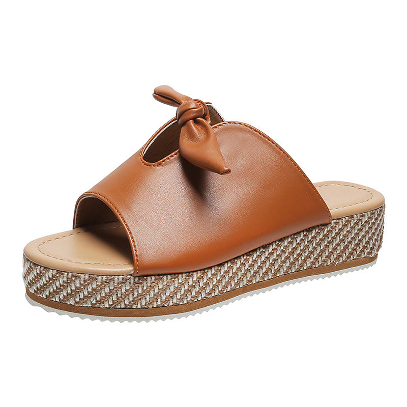Women’s Slip-On Mid Heel Leather Sandals with Bow in 3 Colors - Wazzi's Wear