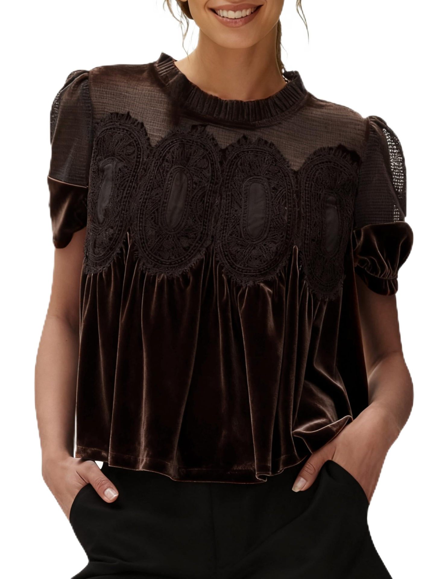 Women's Fashion Mesh Embroidered Crew-Neck Pullover Solid Color Top