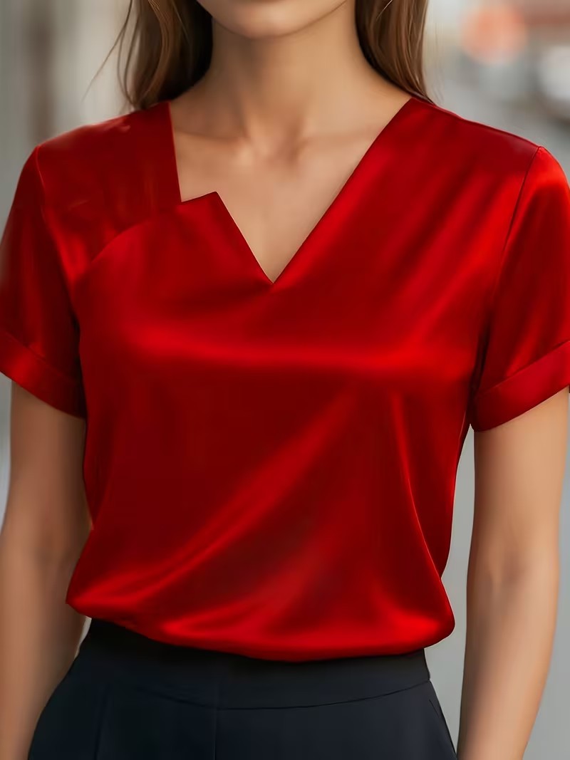 Satin Asymmetric V-Neck Short-Sleeve Shirt For Women