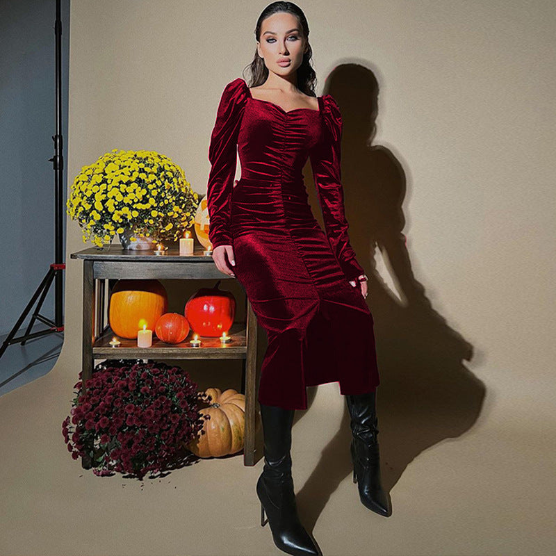 Women's pleated slim fit mid-length slit velvet dress in burgundy with long sleeves