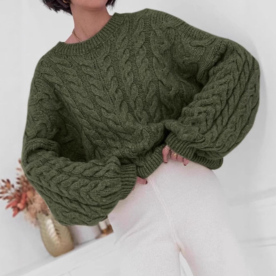 Thick Needle Hemp Flower Loose Pullover Round Neck Long Sleeve Sweater