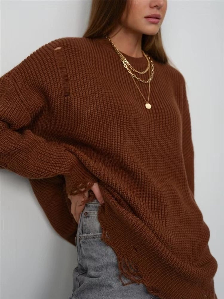 Loose Hole Knitted Pullover Sweater Women