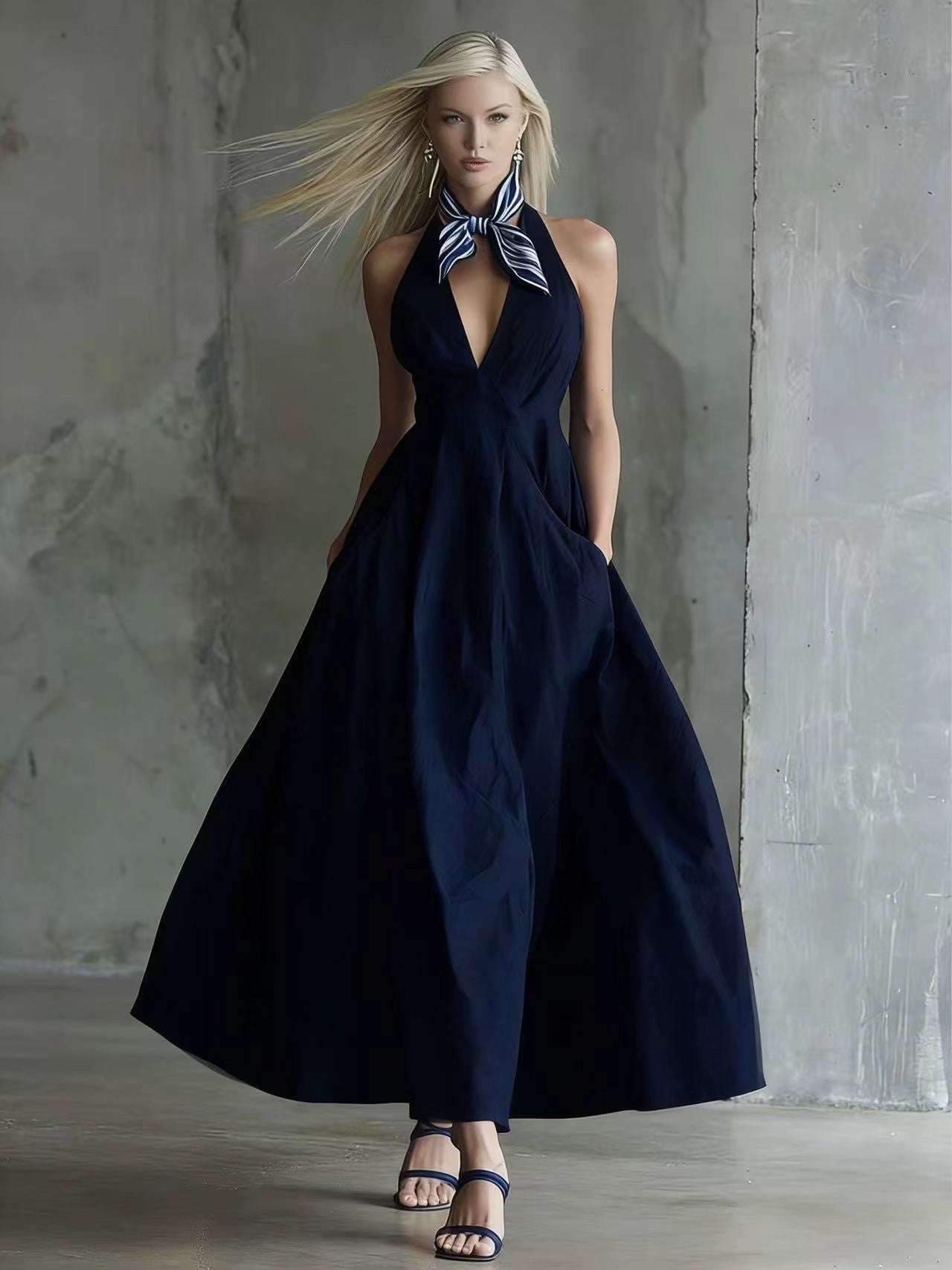 Womens Retro Sleeveless Tie-Waist A-Line Midi Dress With V-Neck