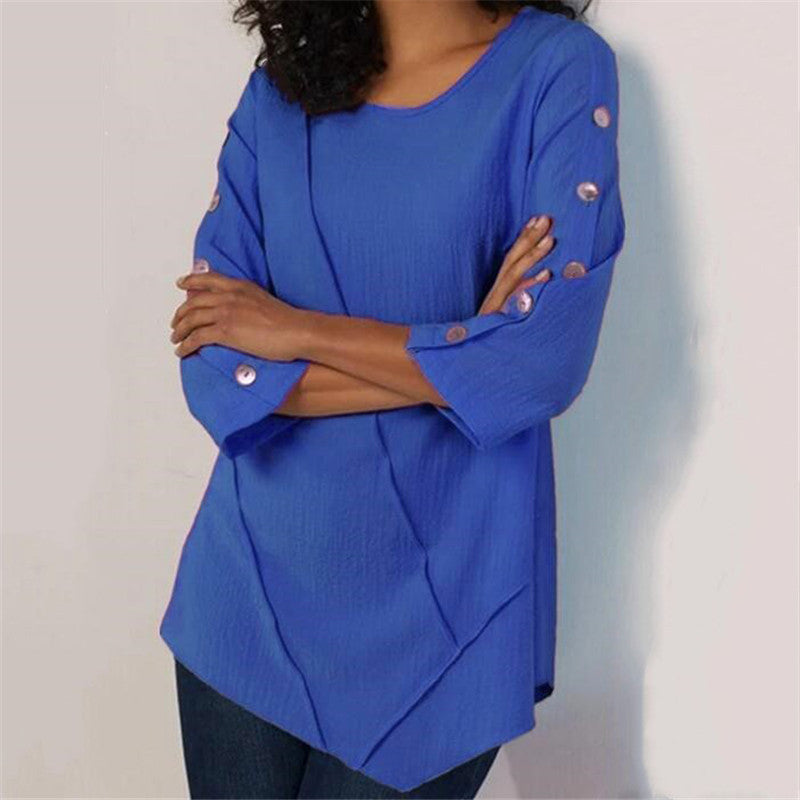 Women's Casual Blue Three Quarter Sleeve Top with Buttons Size 8 - Wazzi's Wear