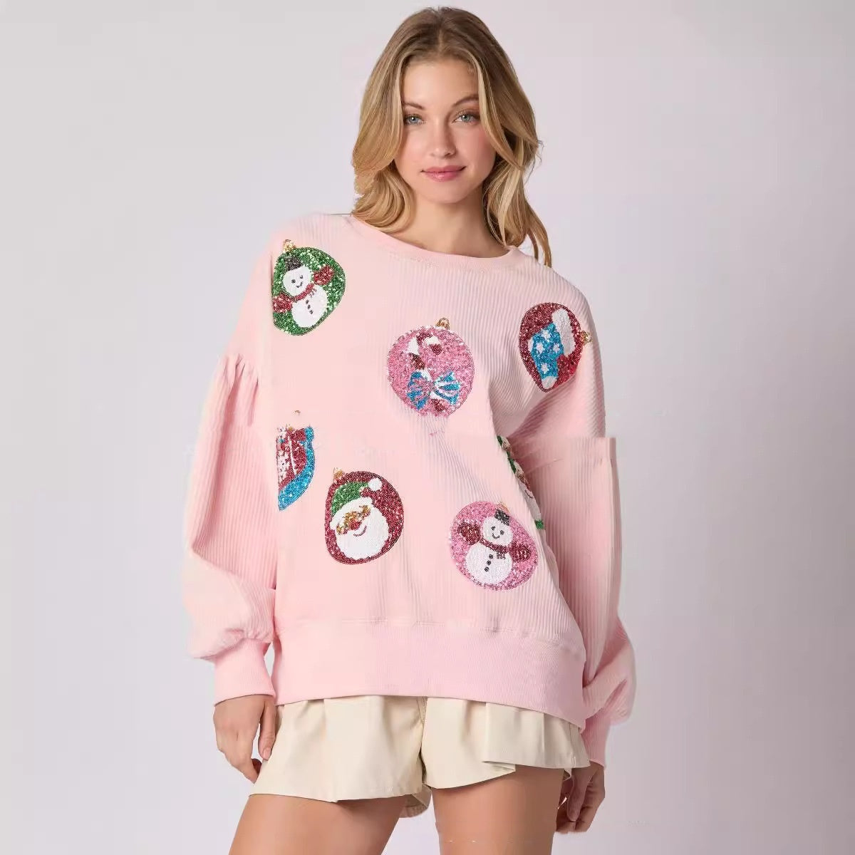 Women's Christmas Egg Sequined Long Sleeve Loose Sweatshirt Top
