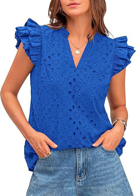 Women's Eyelet Top Fashion Casual V-neck Pleated Cover Sleeve Lace Embroidered Shirt