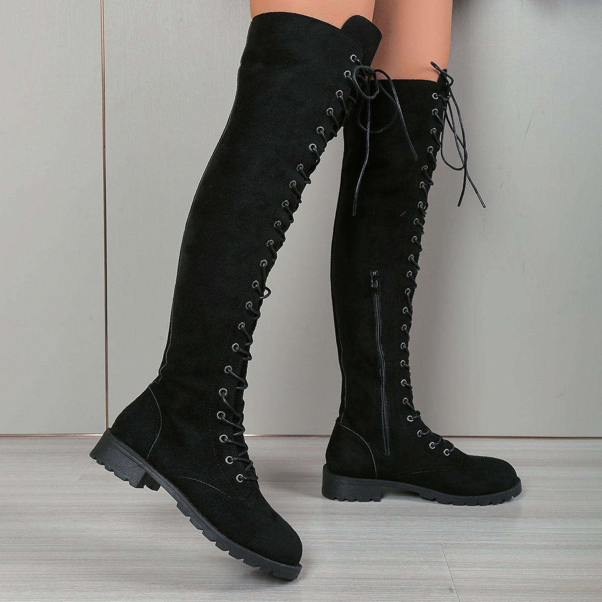 Bottes Femme Mi-Mollet Hiver - Talon Carré 5 Cm, Lacets, Style Décontracté - 14