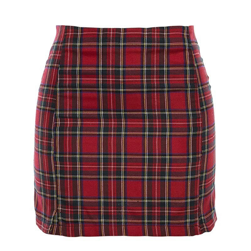 Summer New Style Foreign Trade Plaid Hem Slit Bag Hip Thin Skirt Short Skirt