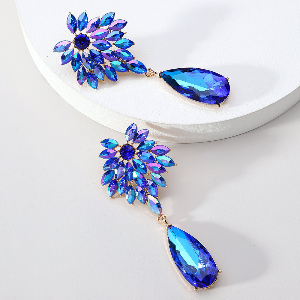 Floral Crystal Teardrop Dangle Earrings Statement Rhinestone Drop Jewelry For Women Party Wedding Bridal Prom