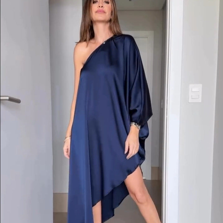 Blue Fashionable One-Shoulder Sexy Versatile Dress