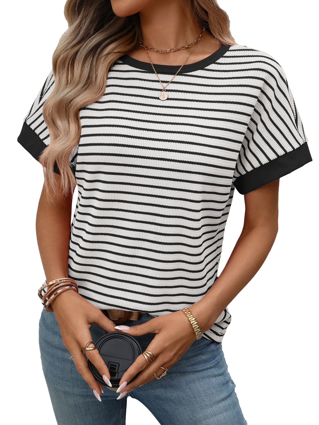 Casual Crew-Neck Patchwork Short-Sleeve T-Shirt