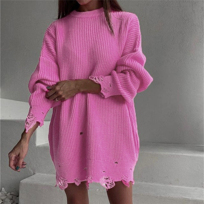 Loose Hole Knitted Pullover Sweater Women