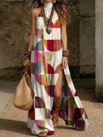 Loose-fit Printed Halterneck Split Dress