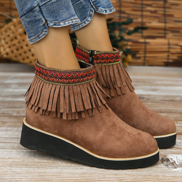 Women s Suede Ankle Boots with Fringe and Wedge Heel in 3 Colors Dark Brown 38