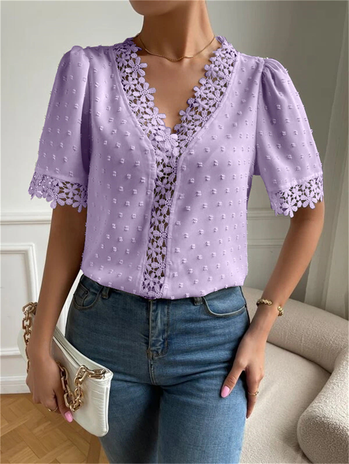 Women's V-Neck Short Sleeve Blouse with Lace