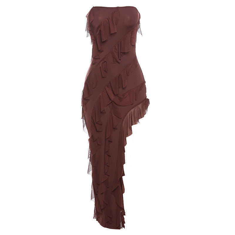2024 Summer Trend Skinny Women’s Tube Top Dress – Backless Split Tassel Clubwear