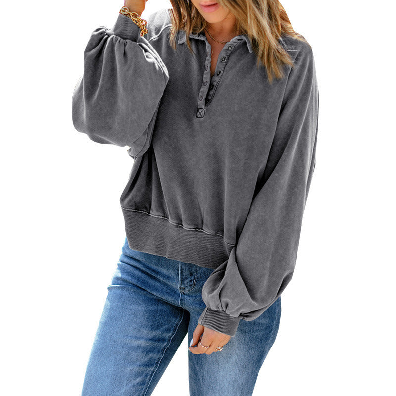 Women’s Loose Fit V-Neck Button Collar Sweatshirt