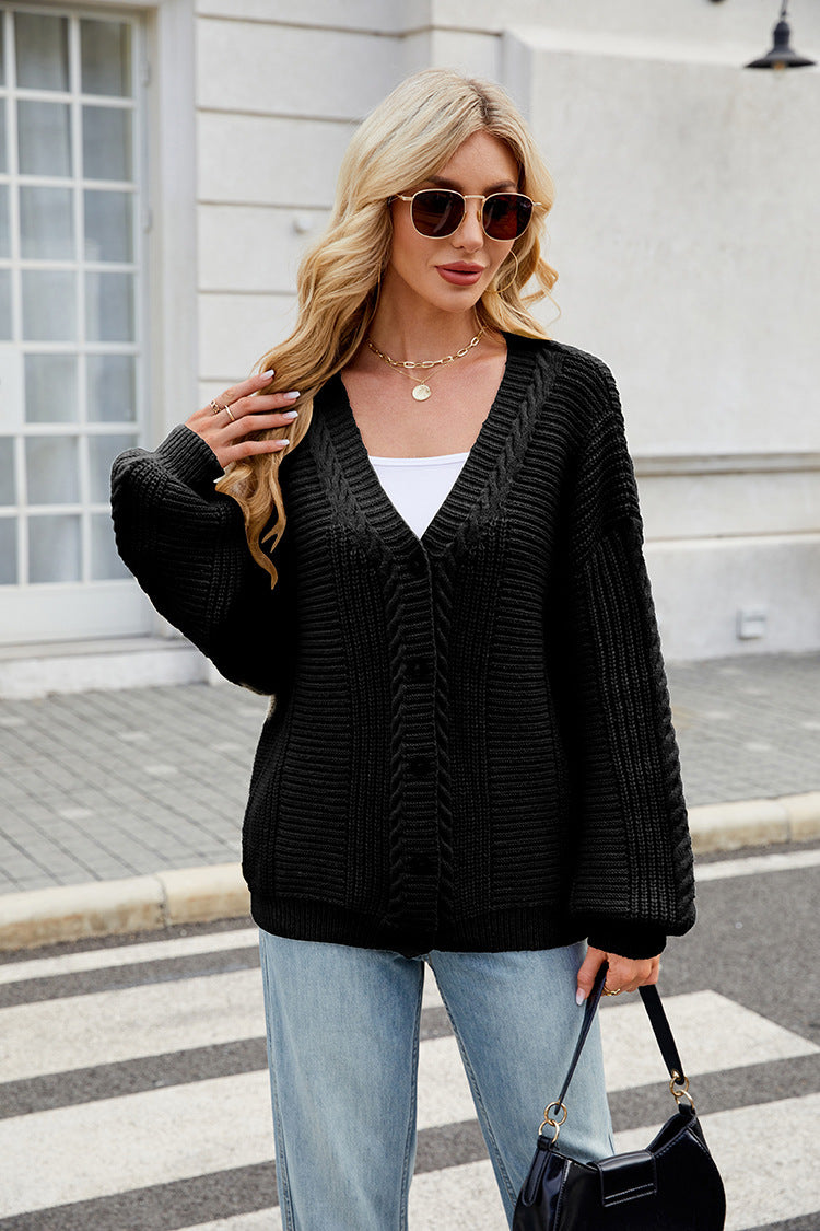 Women's Loose Long-sleeved V-neck Twisted Knitted Sweater Coat