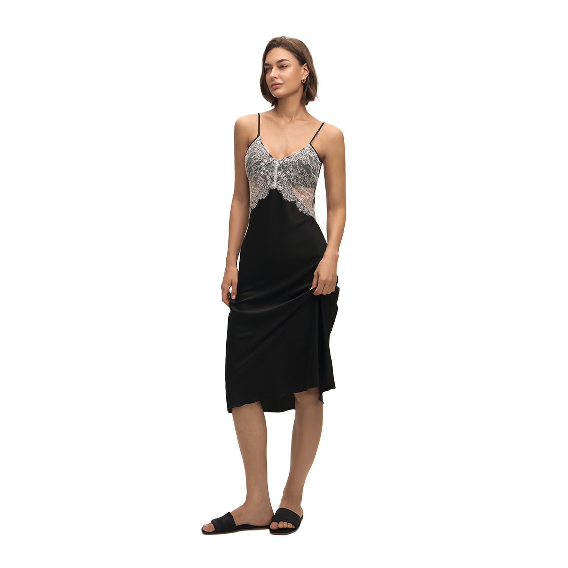 Satin-chiffon Lace Patchwork Slip Dress With A Backless Designperfect As Loungewear