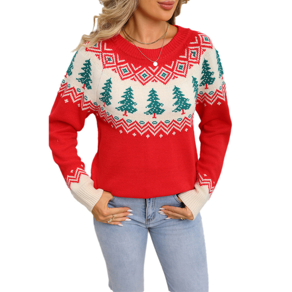 Casual Loose Jacquard Women's Christmas Tree Pullover Knitted Sweater